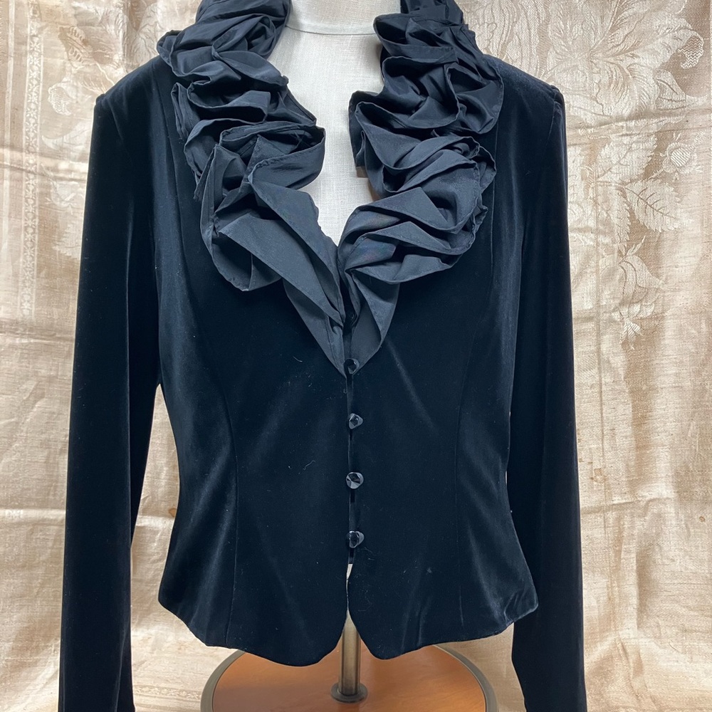 Elegant Black Velvet Evening Blouse with Taffeta Ruffle Neckline